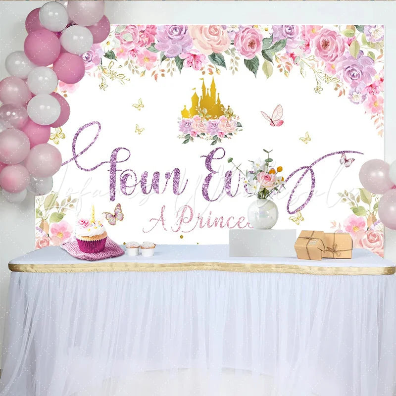 Lofaris Pink Purple Floral Princess 4th Birthday Backdrop with Golden Castle Glittery four Ever A Princess Background for Girls Party Decor