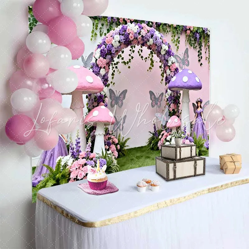 Lofaris Pink Purple Mushroom and Fairy Spring Backdrop Floral Arch Girls Birthday Party Background
