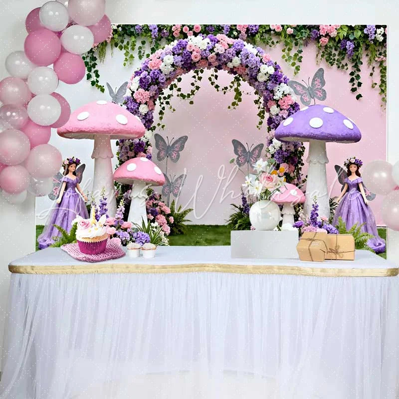 Lofaris Pink Purple Mushroom and Fairy Spring Backdrop Floral Arch Girls Birthday Party Background