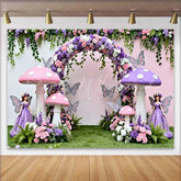 Lofaris Pink Purple Mushroom and Fairy Spring Backdrop Floral Arch Girls Birthday Party Background