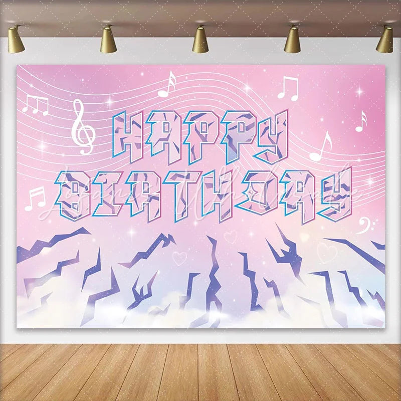 Lofaris Pink Purple Musical Happy Birthday Backdrop with Crystal Text and Notes Dreamy Photo Background for Girls Birthday Party Decoration