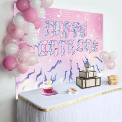 Lofaris Pink Purple Musical Happy Birthday Backdrop with Crystal Text and Notes Dreamy Photo Background for Girls Birthday Party Decoration