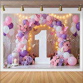 Lofaris Pink Purple White Balloons and Butterfly Floral Number One Party Backdrop First Birthday Celebration Decor