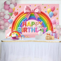 Lofaris Pink Rainbow Birthday Backdrop with Balloons and Stars Vibrant Festive Party Background for Celebration Photography