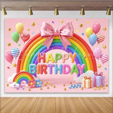 Lofaris Pink Rainbow Birthday Backdrop with Balloons and Stars Vibrant Festive Party Background for Celebration Photography