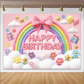 Lofaris Pink Rainbow Happy Birthday Backdrop with Clouds and Flowers Cute Gift Balloons Party Decor for Girls Photoshoot