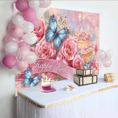 Lofaris Pink Rose Birthday Backdrop Blue Butterfly Cake Background Floral Princess Party Decoration Prop