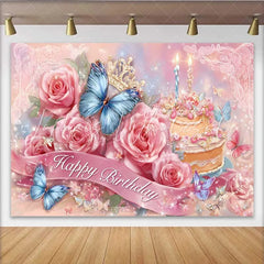 Lofaris Pink Rose Birthday Backdrop Blue Butterfly Cake Background Floral Princess Party Decoration Prop