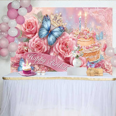 Lofaris Pink Rose Birthday Backdrop Blue Butterfly Cake Background Floral Princess Party Decoration Prop