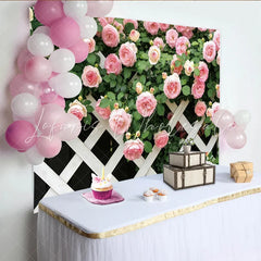 Lofaris Pink Rose Floral Photography Backdrop with White Lattice Elegant Garden Background for Studio Photoshoot and Party Decor