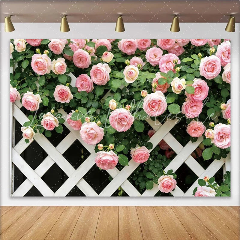 Lofaris Pink Rose Floral Photography Backdrop with White Lattice Elegant Garden Background for Studio Photoshoot and Party Decor