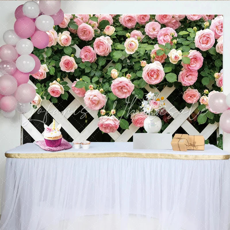 Lofaris Pink Rose Floral Photography Backdrop with White Lattice Elegant Garden Background for Studio Photoshoot and Party Decor
