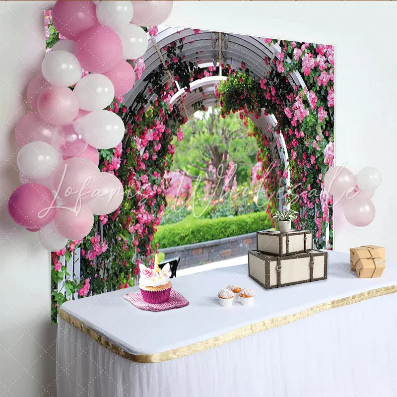 Lofaris Pink Rose Garden Arch Floral Photography Backdrop Natural Scenery Studio Background for Event Decor