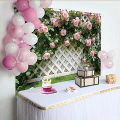 Lofaris Pink Rose Garden Photography Backdrop with White Lattice Beautiful Floral Background for Spring Photoshoot Decor