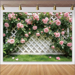 Lofaris Pink Rose Garden Photography Backdrop with White Lattice Beautiful Floral Background for Spring Photoshoot Decor