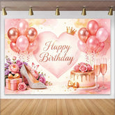 Lofaris Pink Rose Gold Birthday Backdrop with Balloons Cake and Crown Elegant Party Decor for Women and Girls Photoshoot