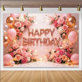 Lofaris Pink Rose Gold Floral Birthday Backdrop with Balloons and Elegant Roses Sparkling Confetti Party Background for Girls Photoshoot