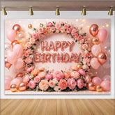 Lofaris Pink Rose Gold Floral Happy Birthday Backdrop with Balloons Elegant Party Decor for Girls and Photo Booth Prop
