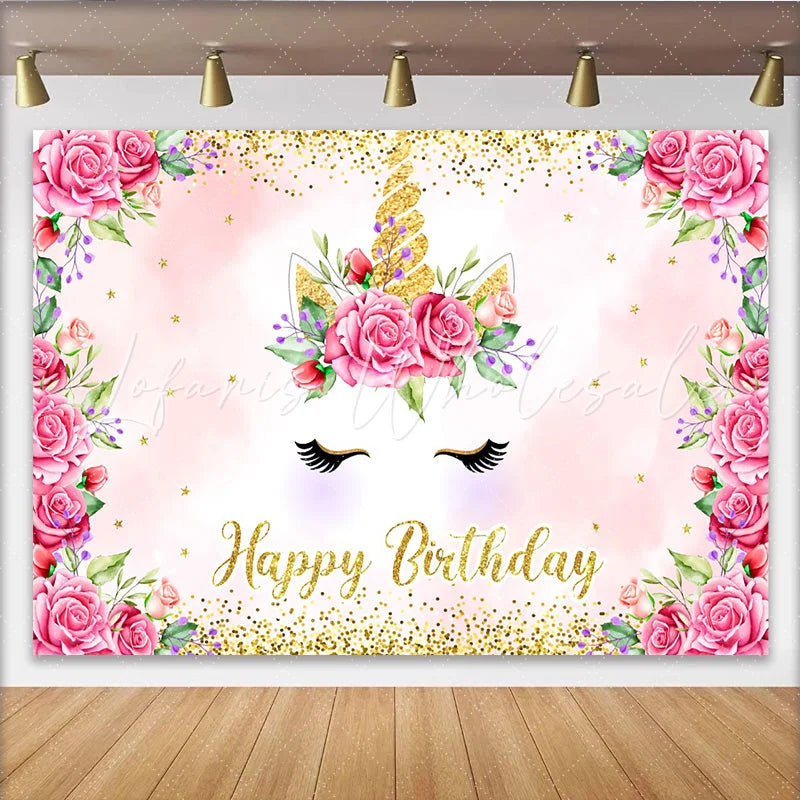 Lofaris Pink Rose Unicorn Birthday Backdrop Floral Gold Glitter Horn and Eyelashes Party Background for Kids