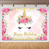 Lofaris Pink Rose Unicorn Birthday Backdrop Floral Gold Glitter Horn and Eyelashes Party Background for Kids