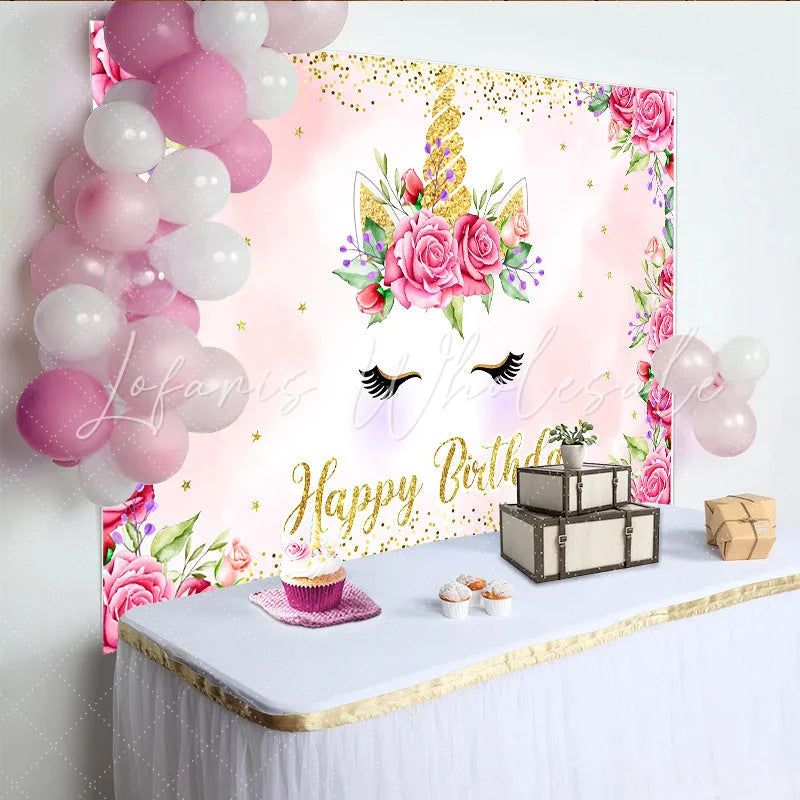 Lofaris Pink Rose Unicorn Birthday Backdrop Floral Gold Glitter Horn and Eyelashes Party Background for Kids