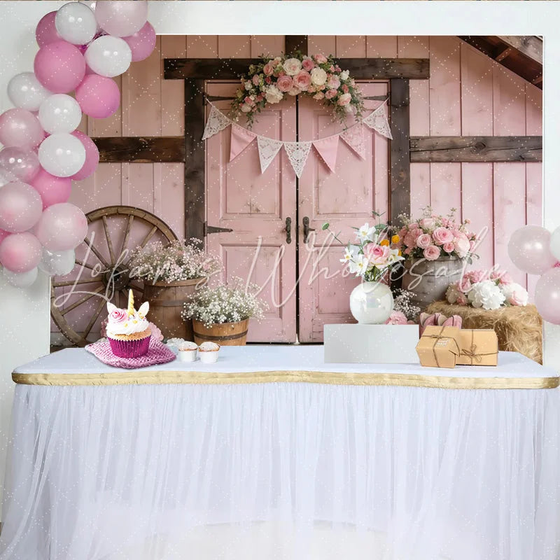 Lofaris Pink Rustic Floral Photography Backdrop with Barn Door and Wagon Wheel Elegant Studio Background for Portrait Photoshoot