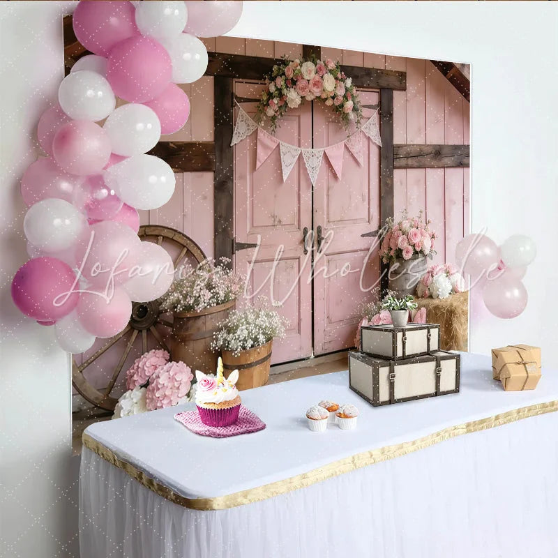 Lofaris Pink Rustic Floral Photography Backdrop with Barn Door and Wagon Wheel Elegant Studio Background for Portrait Photoshoot