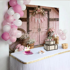 Lofaris Pink Rustic Floral Photography Backdrop with Barn Door and Wagon Wheel Elegant Studio Background for Portrait Photoshoot