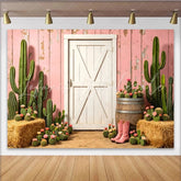 Lofaris Pink Rustic Western Photography Backdrop with Cacti and White Barn Door Desert Themed Studio Background for Photoshoot