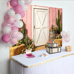 Lofaris Pink Rustic Western Photography Backdrop with Cacti and White Barn Door Desert Themed Studio Background for Photoshoot