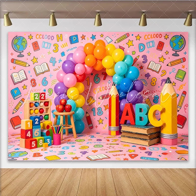 Lofaris Pink School Theme Birthday Backdrop with Rainbow Balloons and ABC Letters Educational Party Decor for Kids Photoshoot
