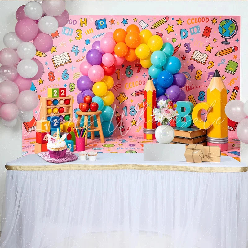 Lofaris Pink School Theme Birthday Backdrop with Rainbow Balloons and ABC Letters Educational Party Decor for Kids Photoshoot