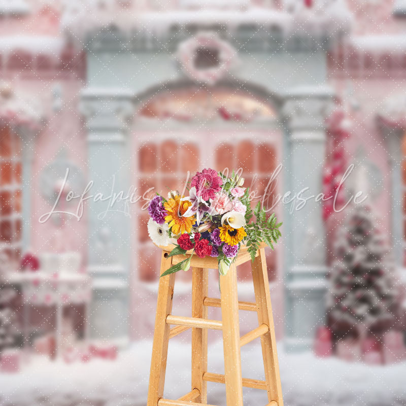 Lofaris Pink Snowy House Girl Winter Photography Backdrop
