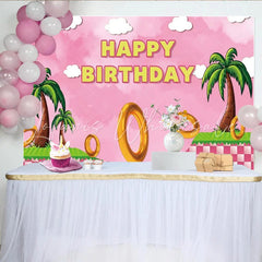 Lofaris Pink Sonic Inspired Happy Birthday Backdrop for Girls Video Game with Golden Rings Hedgehog Themed Party Decor