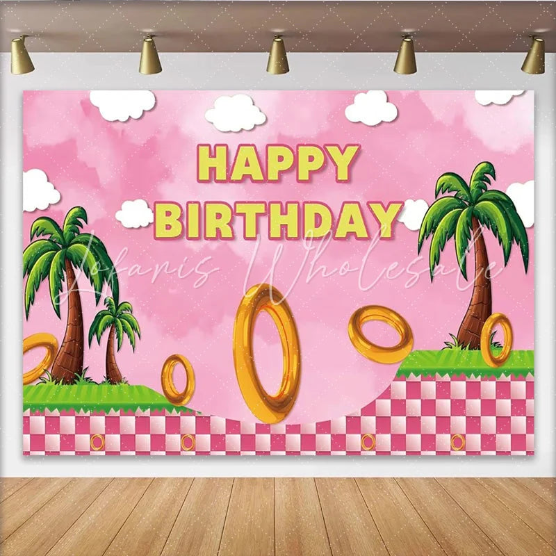 Lofaris Pink Sonic Inspired Happy Birthday Backdrop for Girls Video Game with Golden Rings Hedgehog Themed Party Decor