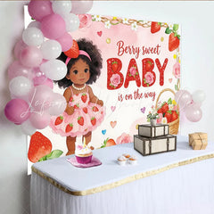 Lofaris Pink Strawberry Baby Shower Backdrop for Girl Cute Cartoon Baby and Roses Theme Background for Party Decor.