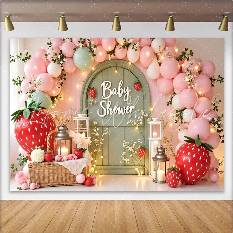 Lofaris Pink Strawberry Baby Shower Backdrop with Balloons and Arch Door Whimsical Garden Party Background for Photoshoot and Decor