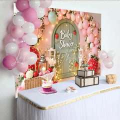 Lofaris Pink Strawberry Baby Shower Backdrop with Balloons and Arch Door Whimsical Garden Party Background for Photoshoot and Decor