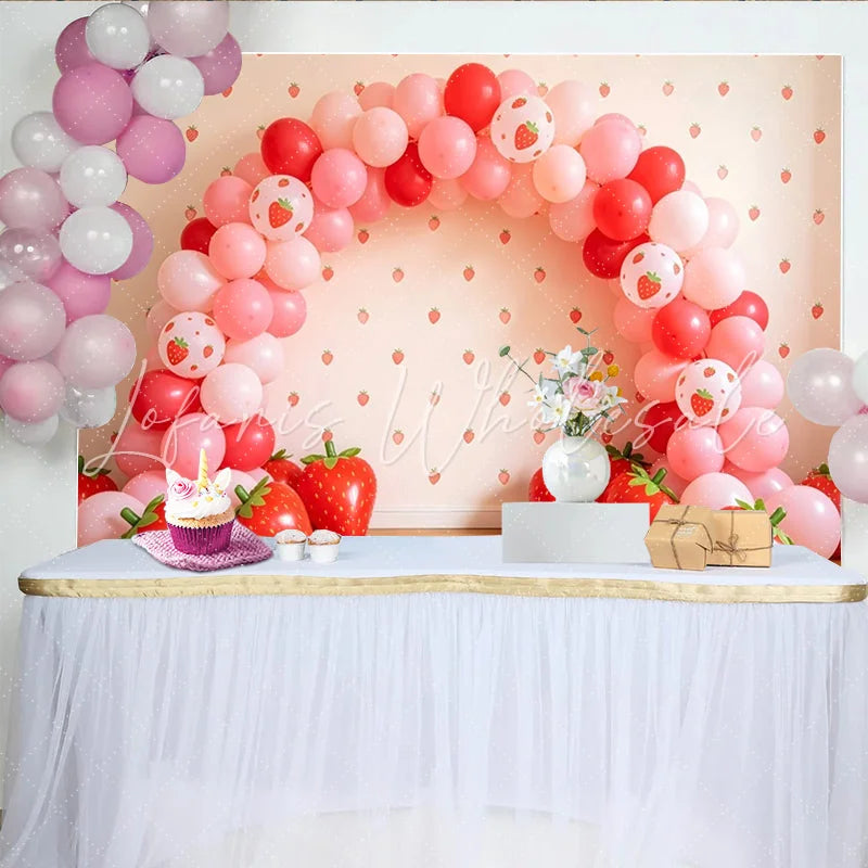 Lofaris Pink Strawberry Birthday Backdrop with Red Balloons and Fruit Patterns Cute Party Background for Girls Photoshoot Decor