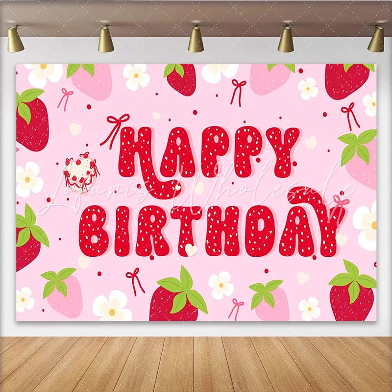 Lofaris Pink Strawberry Happy Birthday Backdrop with Heart Cake and Flowers Sweet Party Background for Girls Photoshoot