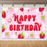 Lofaris Pink Strawberry Happy Birthday Backdrop with Heart Cake and Flowers Sweet Party Background for Girls Photoshoot