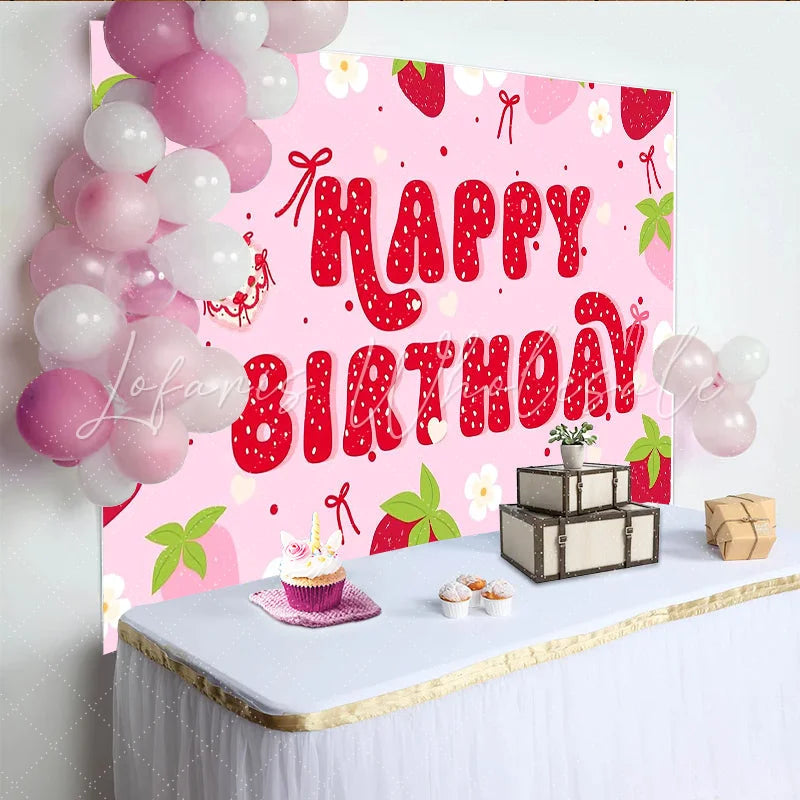 Lofaris Pink Strawberry Happy Birthday Backdrop with Heart Cake and Flowers Sweet Party Background for Girls Photoshoot