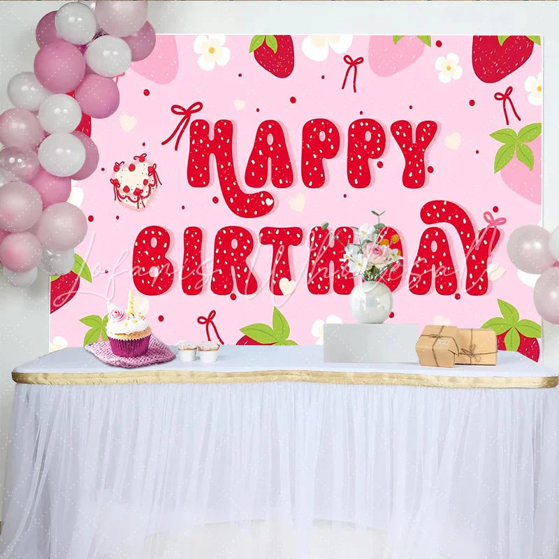 Lofaris Pink Strawberry Happy Birthday Backdrop with Heart Cake and Flowers Sweet Party Background for Girls Photoshoot