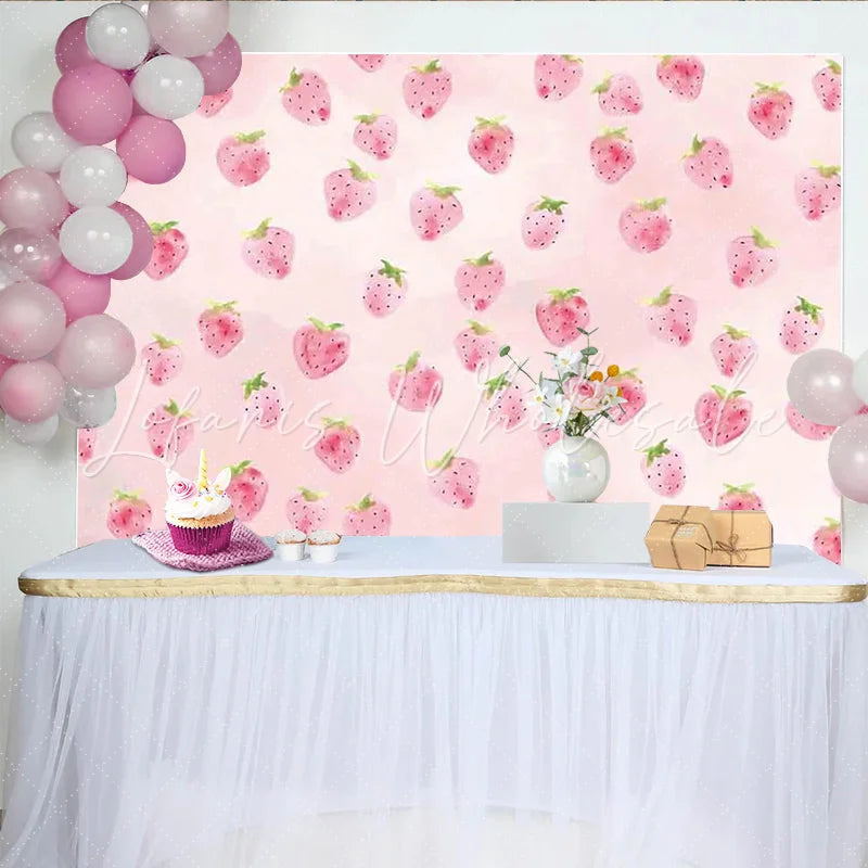 Lofaris Pink Strawberry Watercolor Photography Backdrop Sweet Fruit Pattern Background for Kids Birthday Party or Studio Photoshoot