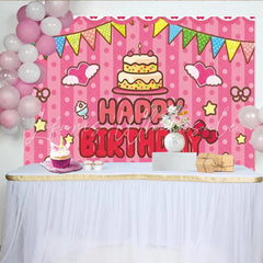 Lofaris Pink Stripes Pennant Banner Happy Birthday Backdrop Cute Bows and Cake Party Background