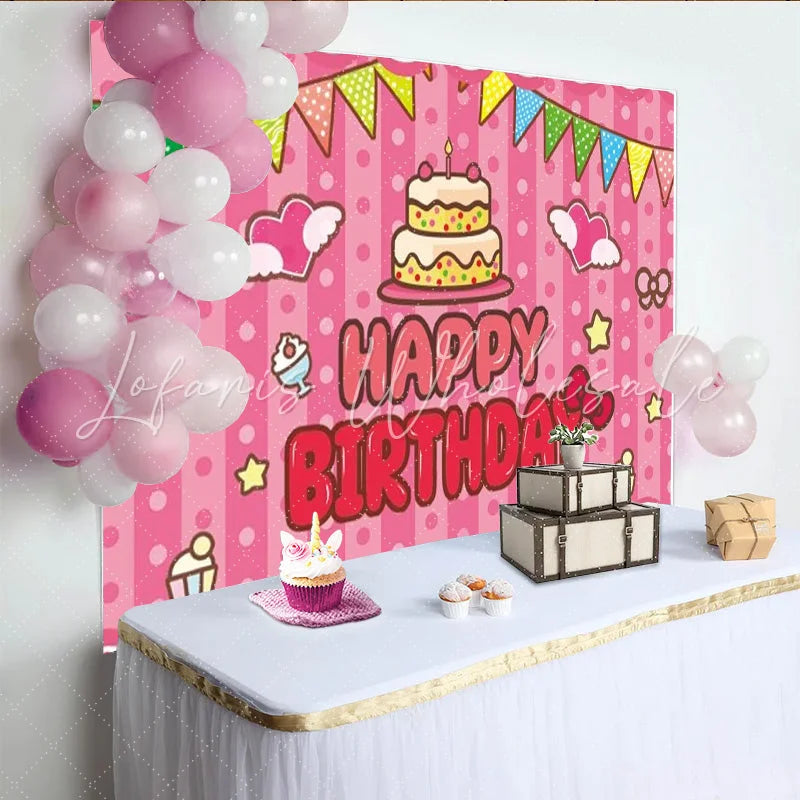 Lofaris Pink Stripes Pennant Banner Happy Birthday Backdrop Cute Bows and Cake Party Background