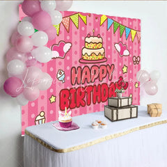 Lofaris Pink Stripes Pennant Banner Happy Birthday Backdrop Cute Bows and Cake Party Background
