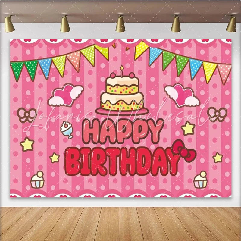 Lofaris Pink Stripes Pennant Banner Happy Birthday Backdrop Cute Bows and Cake Party Background