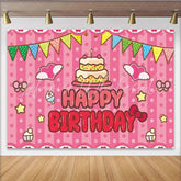 Lofaris Pink Stripes Pennant Banner Happy Birthday Backdrop Cute Bows and Cake Party Background