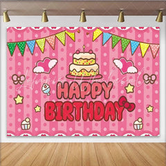 Lofaris Pink Stripes Pennant Banner Happy Birthday Backdrop Cute Bows and Cake Party Background